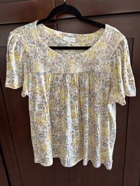Lucky Brand Yellow & Cream Floral Smocked Yoke Top